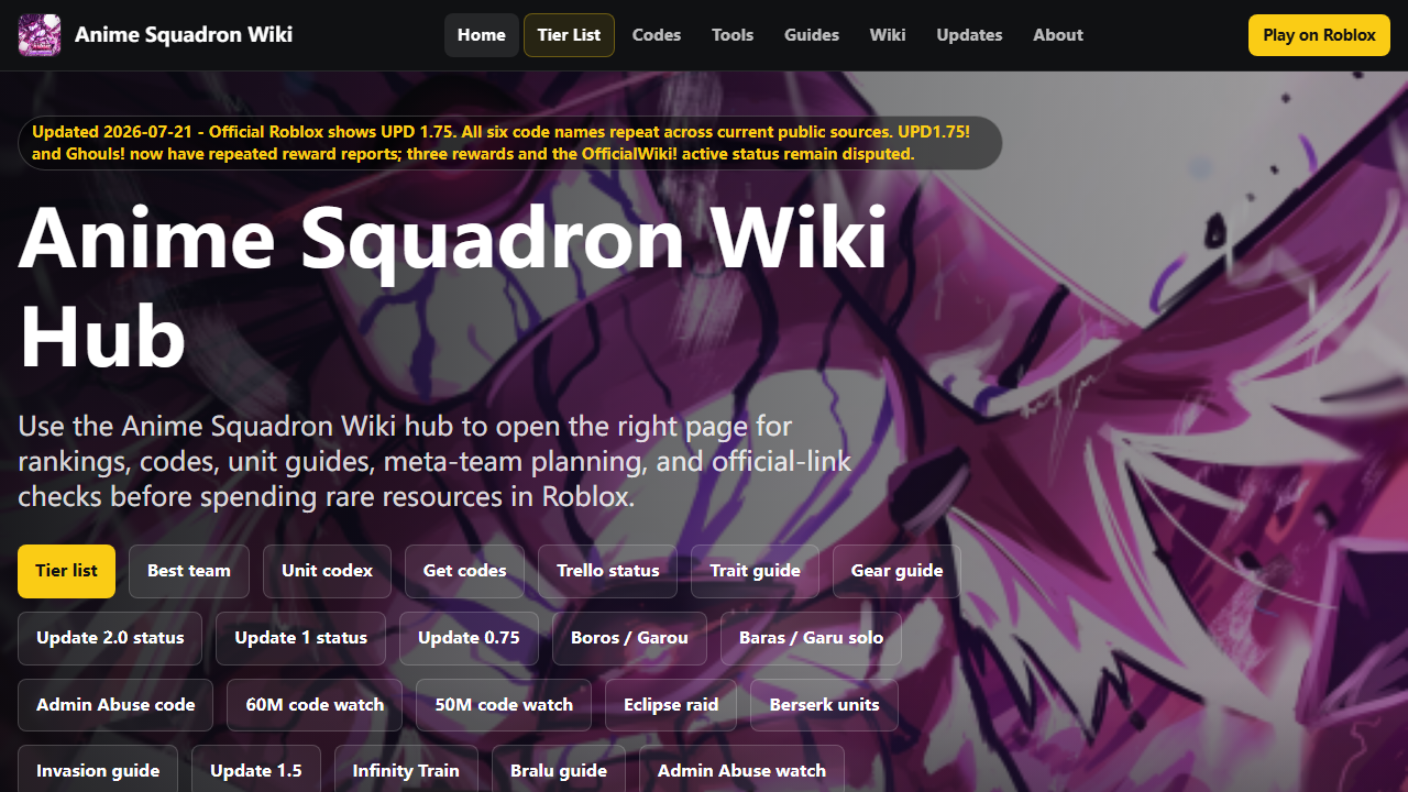Anime Squadron Roblox 英文站真实首页截图
